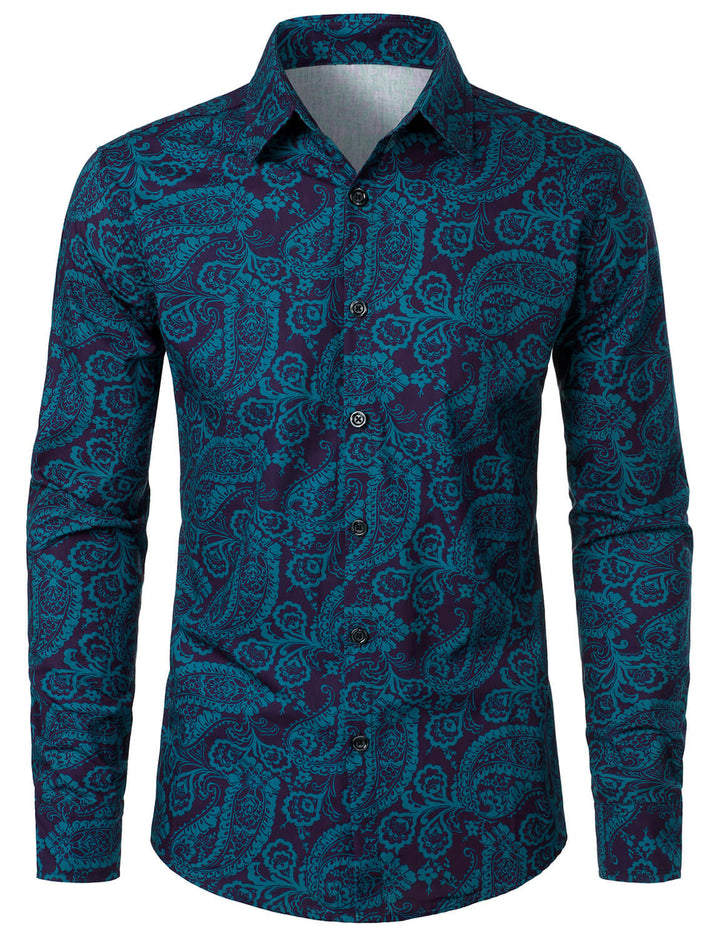 Chemise boutonnée décontractée à manches longues en coton à imprimé cachemire pour hommes