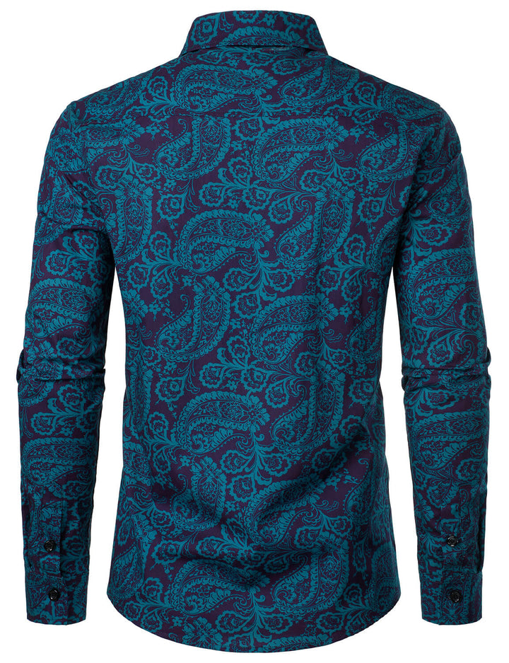 Chemise boutonnée décontractée à manches longues en coton à imprimé cachemire pour hommes