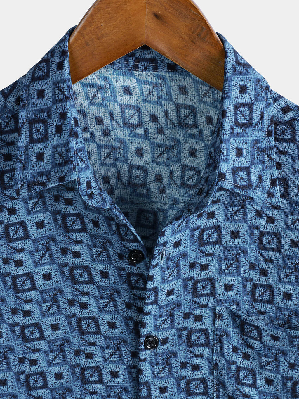 Chemise Homme Manches Courtes Bohème à Imprimé Géométrique Bleue