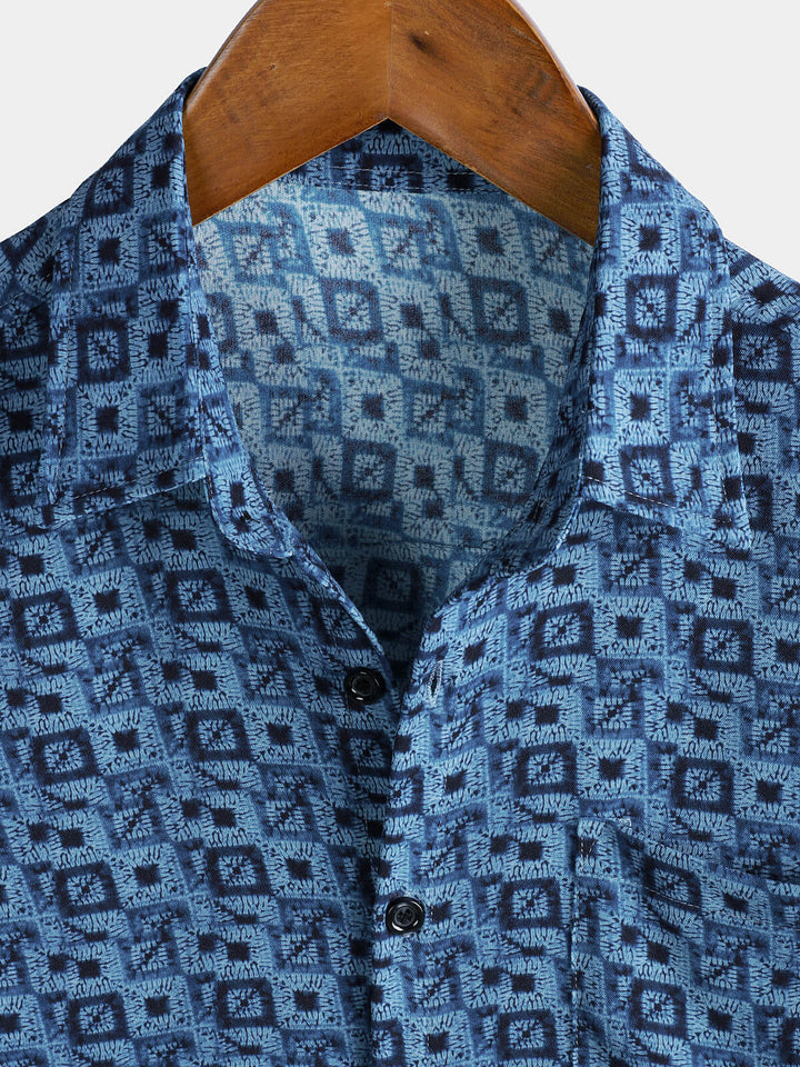 Chemise Homme Manches Courtes Bohème à Imprimé Géométrique Bleue