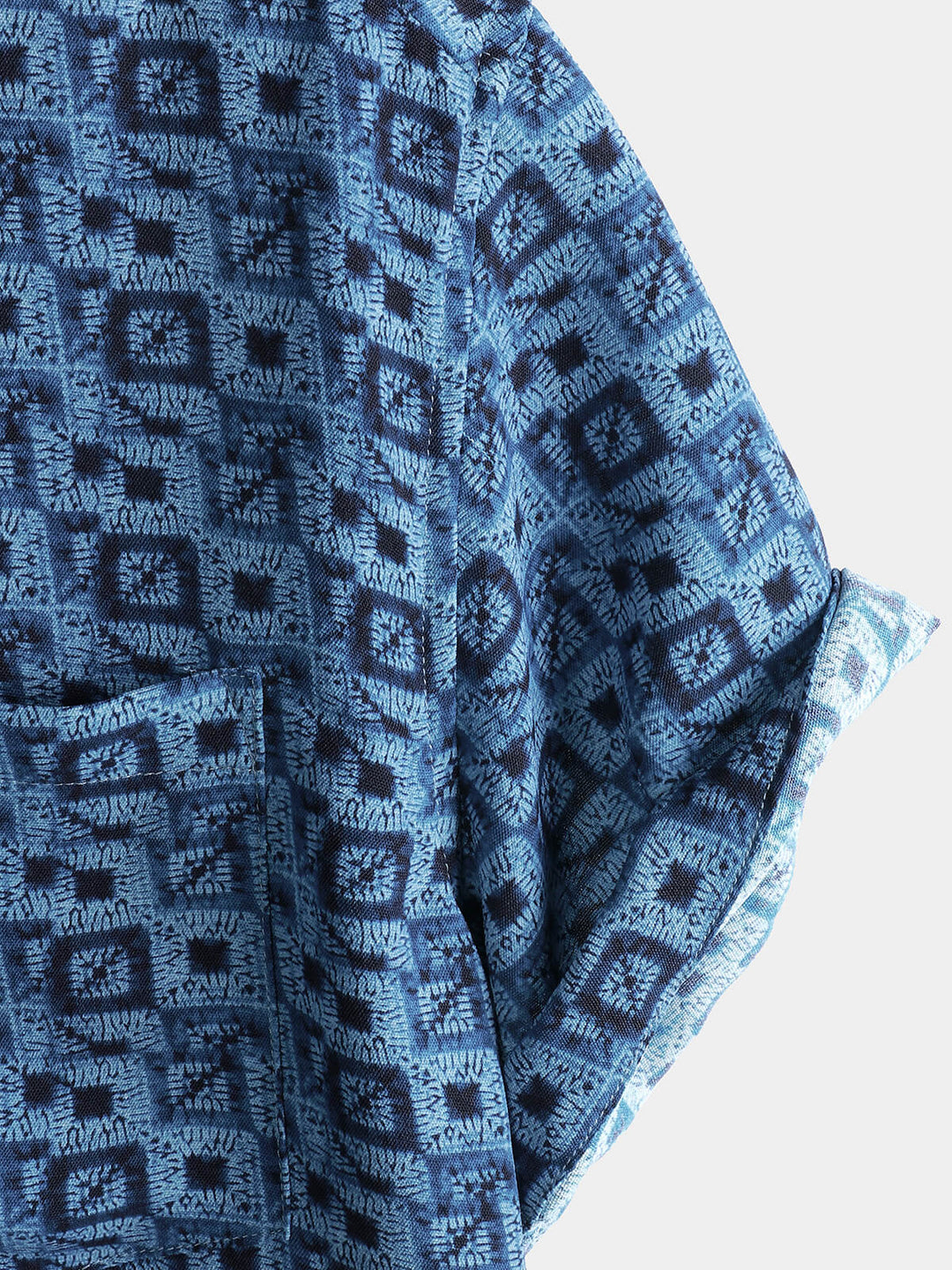 Chemise Homme Manches Courtes Bohème à Imprimé Géométrique Bleue