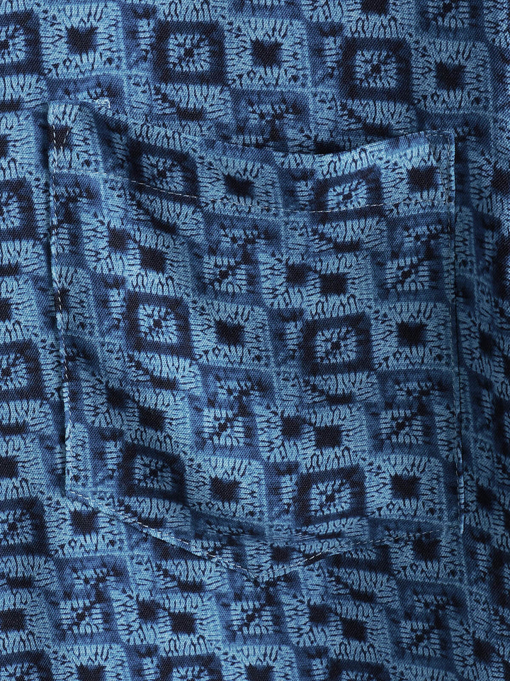 Chemise Homme Manches Courtes Bohème à Imprimé Géométrique Bleue