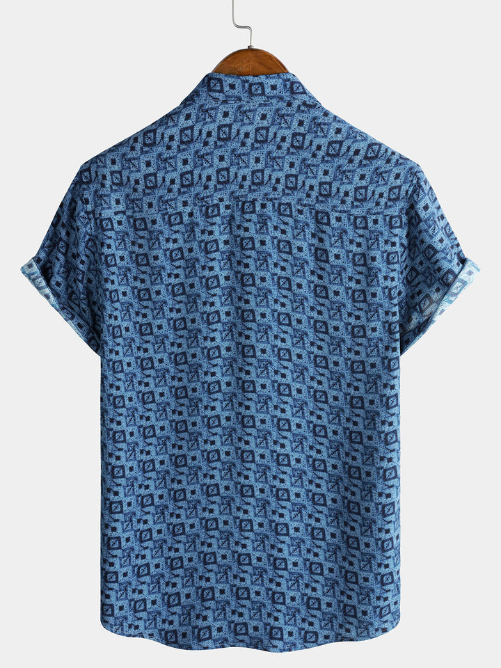 Chemise Homme Manches Courtes Bohème à Imprimé Géométrique Bleue