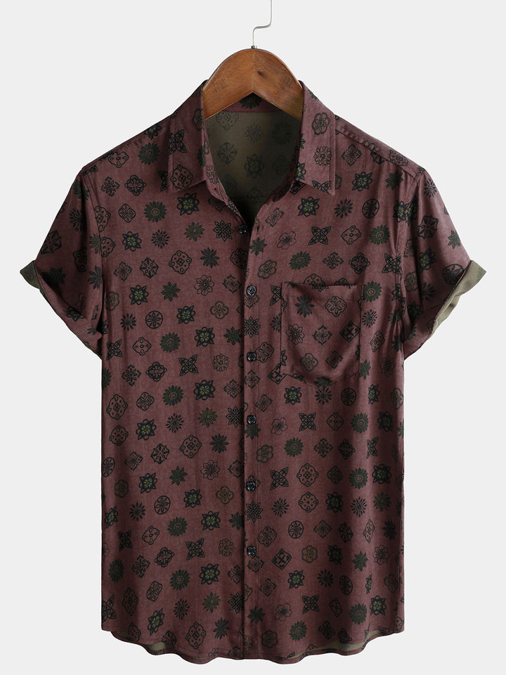 Chemise Homme Classique Rétro à Motif Géométrique Manches Courtes