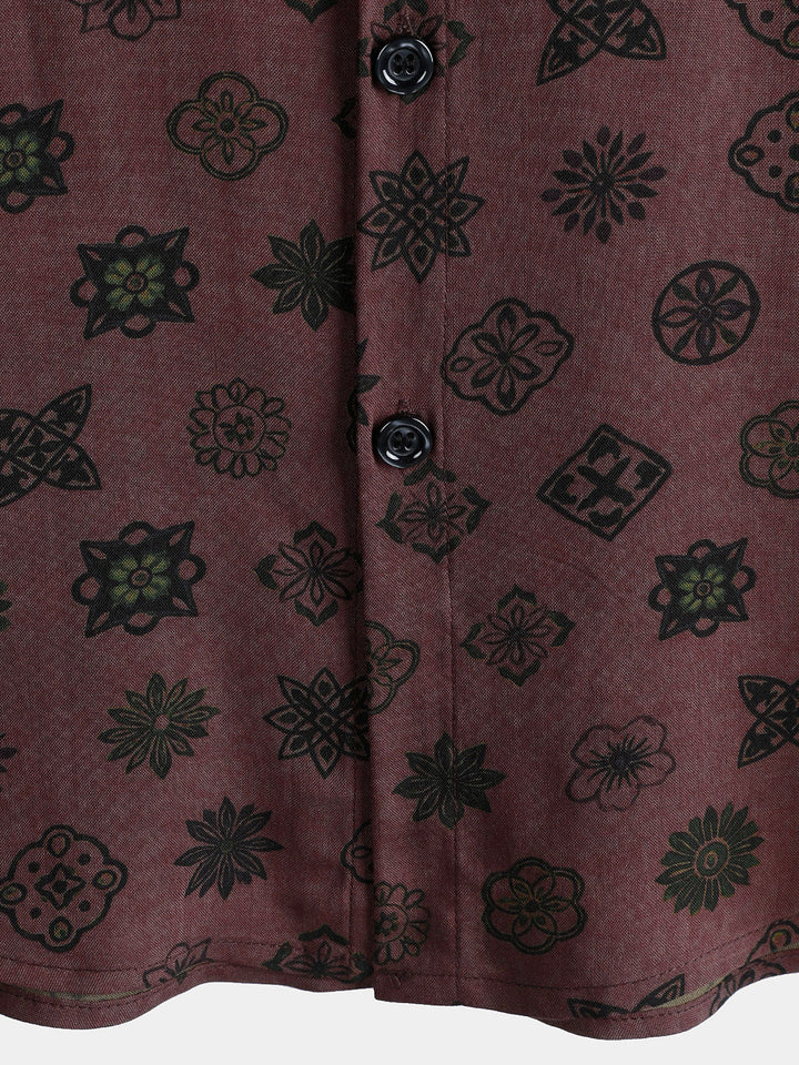 Chemise Homme Classique Rétro à Motif Géométrique Manches Courtes