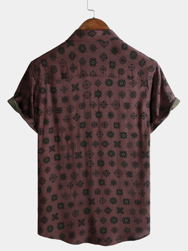 Chemise Homme Classique Rétro à Motif Géométrique Manches Courtes