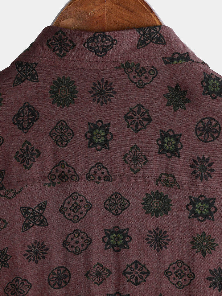 Chemise Homme Classique Rétro à Motif Géométrique Manches Courtes