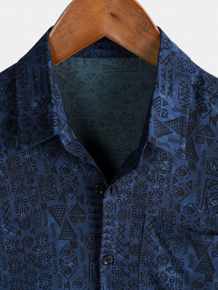 Chemise homme manches courtes imprimé tribal géométrique bleu marine en rayon