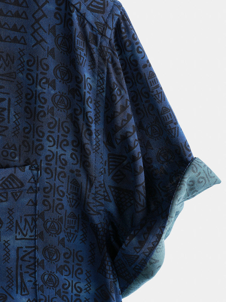 Chemise homme manches courtes imprimé tribal géométrique bleu marine en rayon