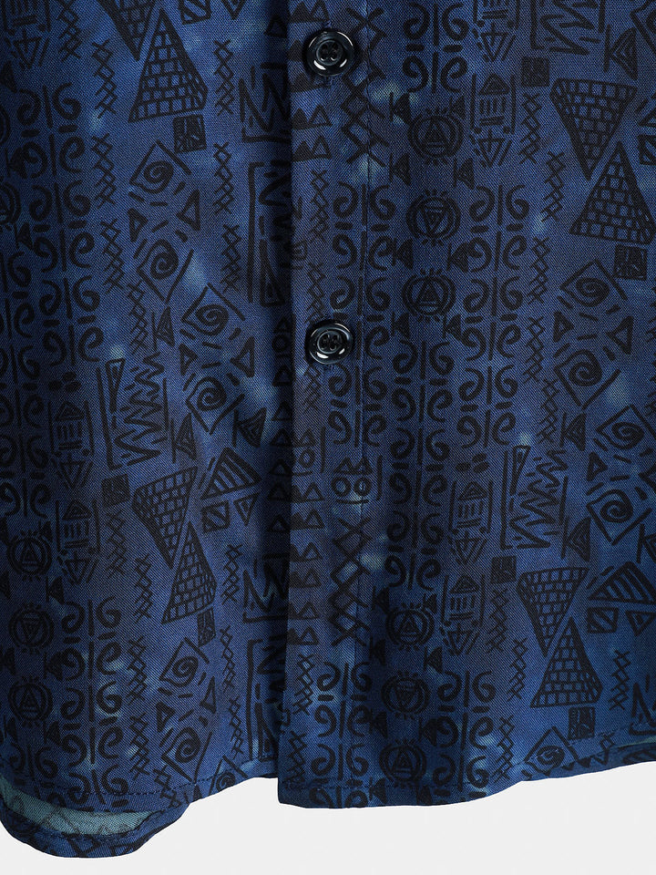 Chemise homme manches courtes imprimé tribal géométrique bleu marine en rayon