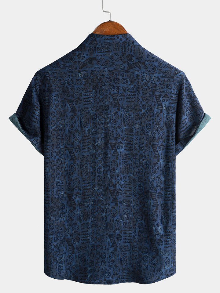 Chemise homme manches courtes imprimé tribal géométrique bleu marine en rayon
