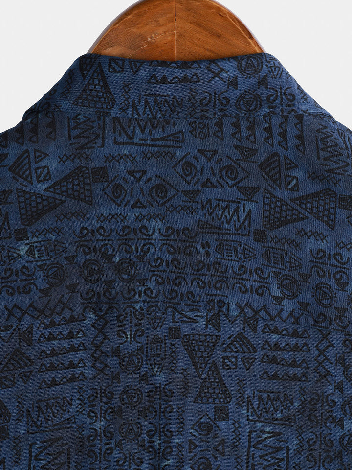 Chemise homme manches courtes imprimé tribal géométrique bleu marine en rayon