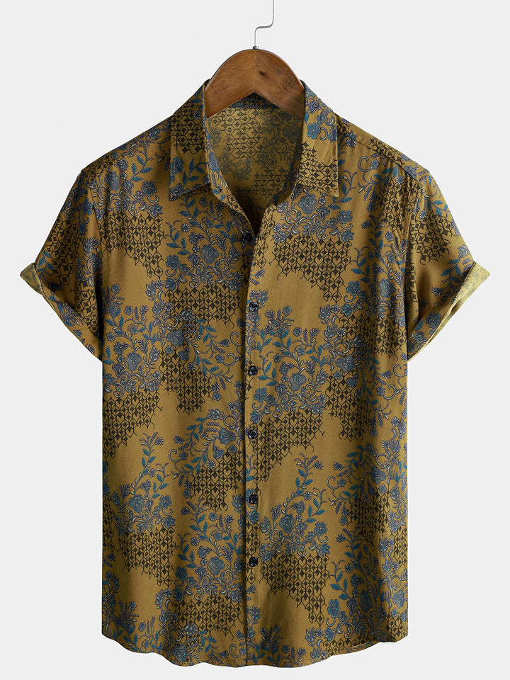 Chemise Homme Bohème à Manches Courtes Légère et Respirante Imprimé Vigne et Fleurs