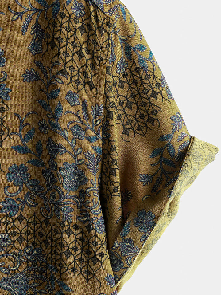Chemise Homme Bohème à Manches Courtes Légère et Respirante Imprimé Vigne et Fleurs