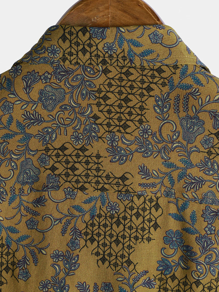 Chemise Homme Bohème à Manches Courtes Légère et Respirante Imprimé Vigne et Fleurs