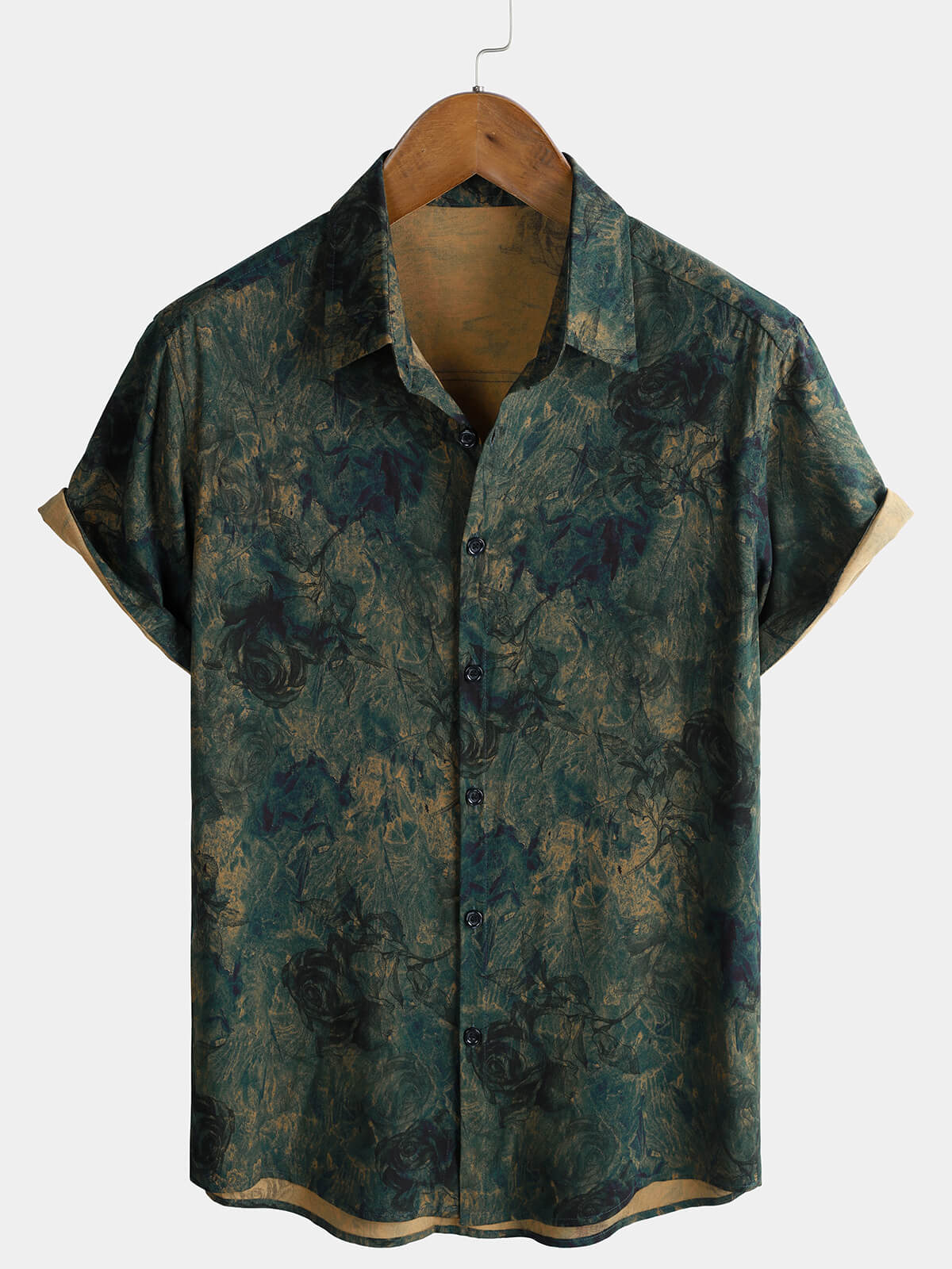 Chemise Homme Rayonne Verte Imprimé Roses Vintage Manches Courtes