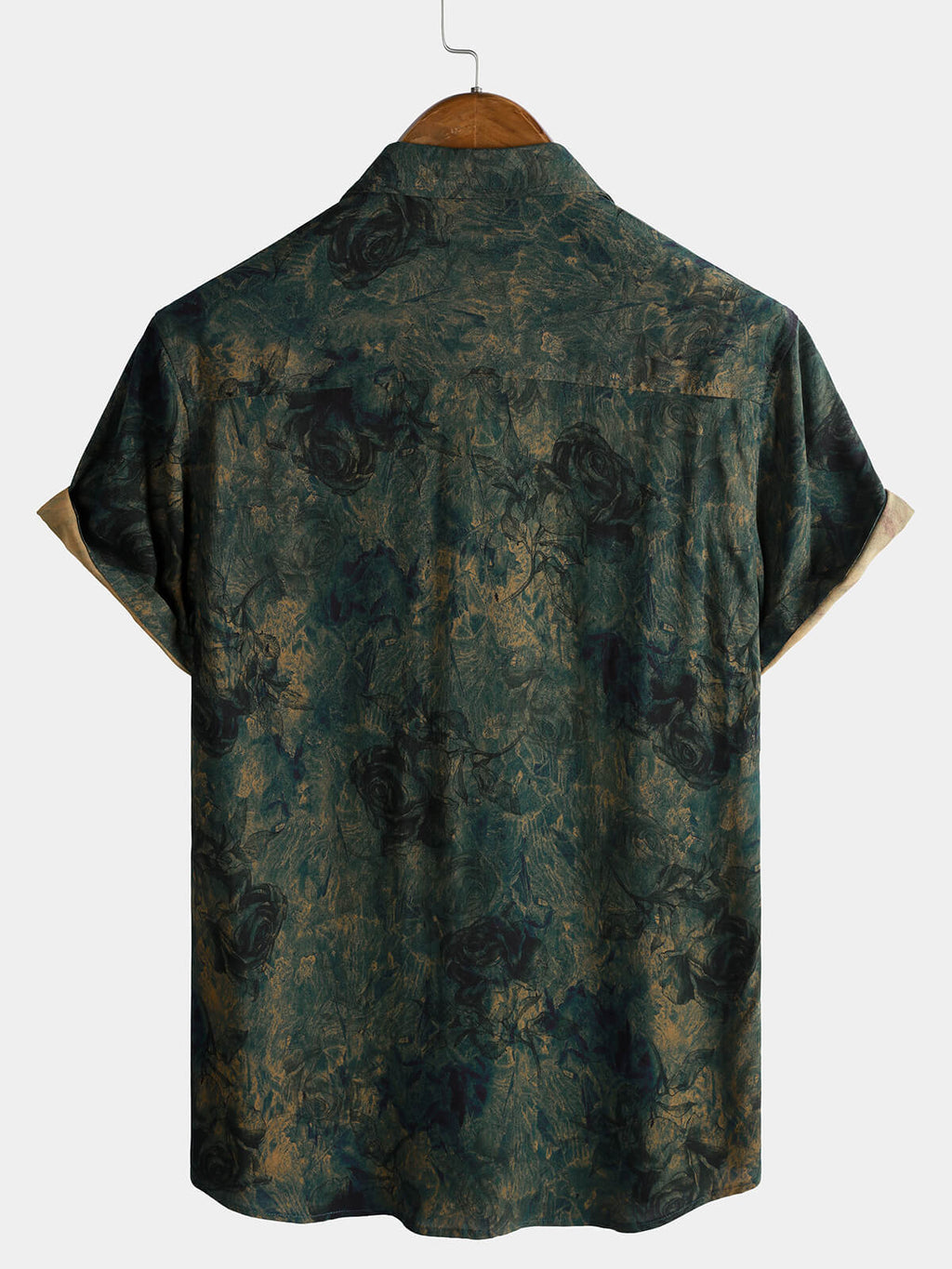 Chemise Homme Rayonne Verte Imprimé Roses Vintage Manches Courtes
