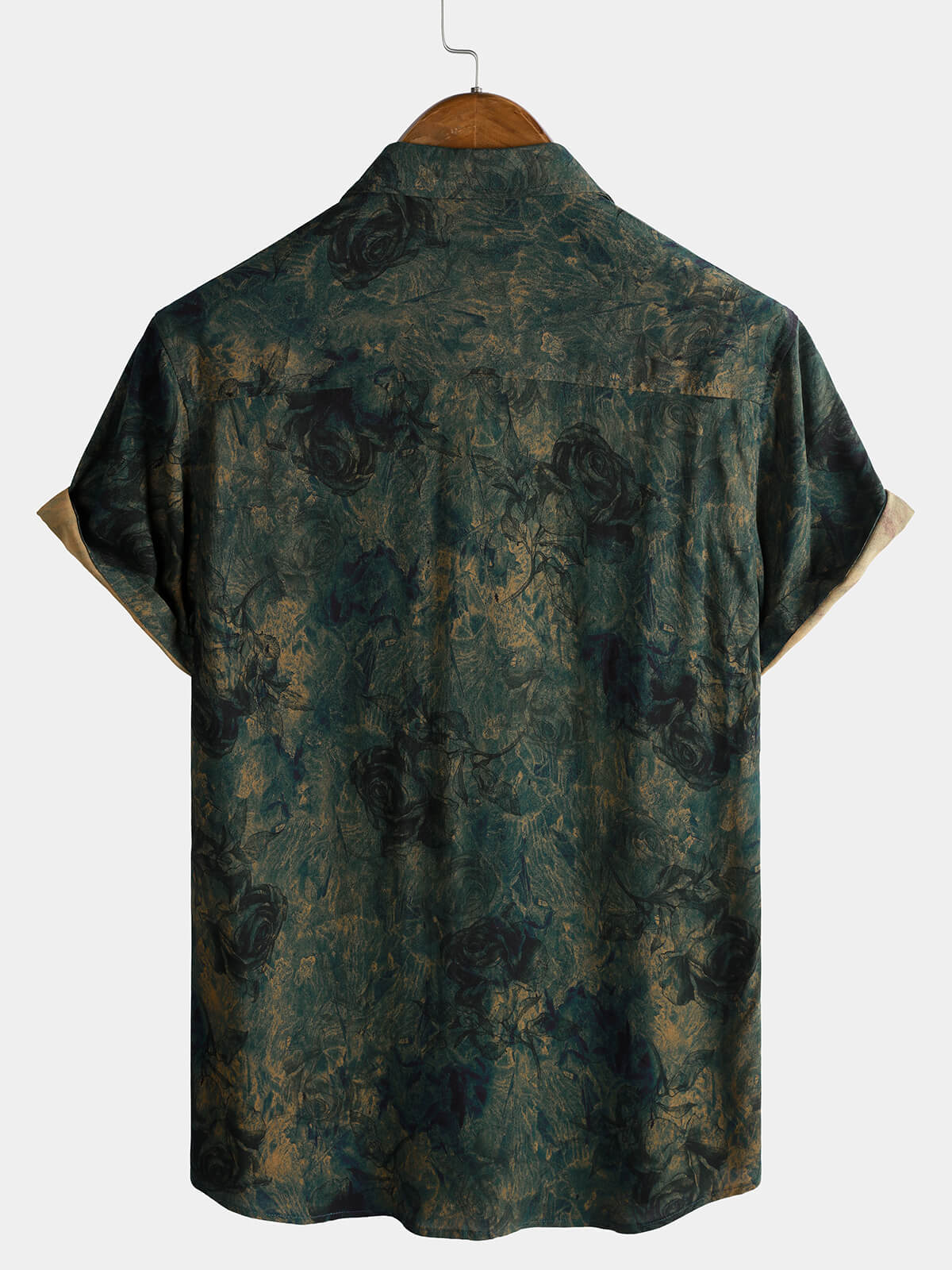 Chemise Homme Rayonne Verte Imprimé Roses Vintage Manches Courtes