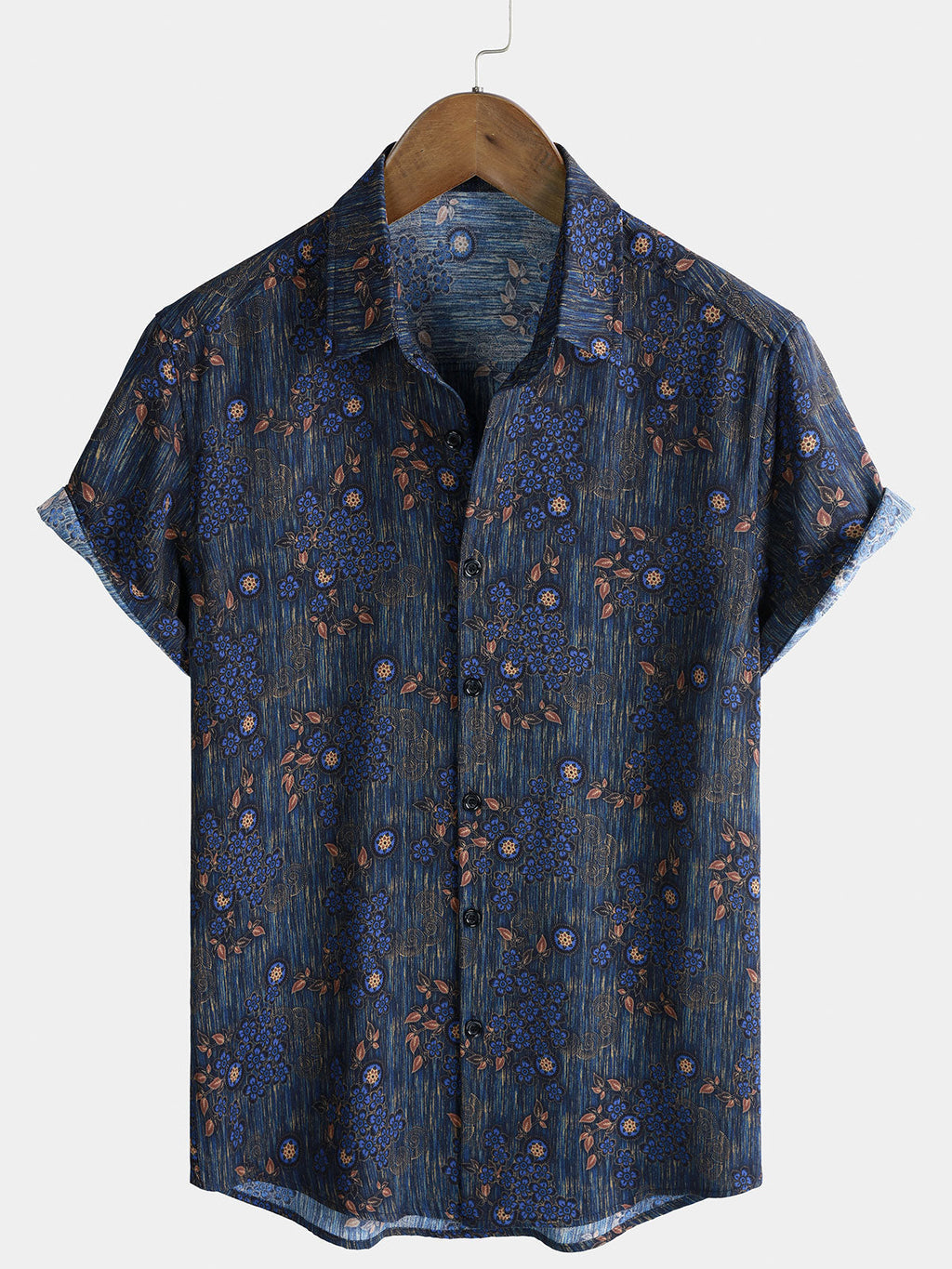 Chemise Homme Vintage Bleue à Imprimé Floral Manches Courtes