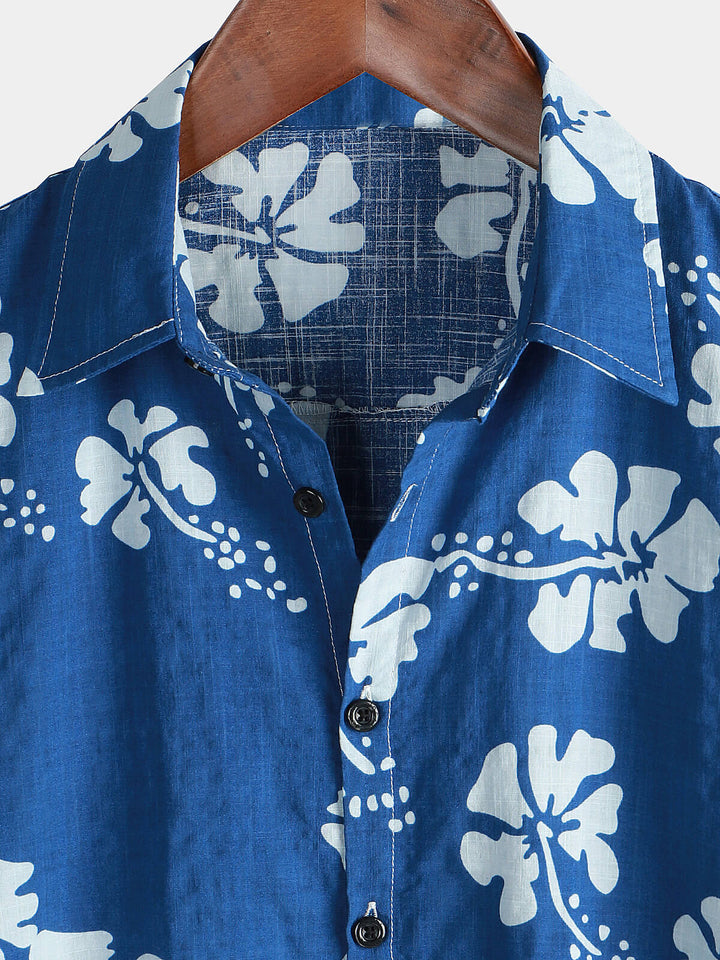 Chemise boutonnée hawaïenne tropicale bleue à manches courtes pour hommes