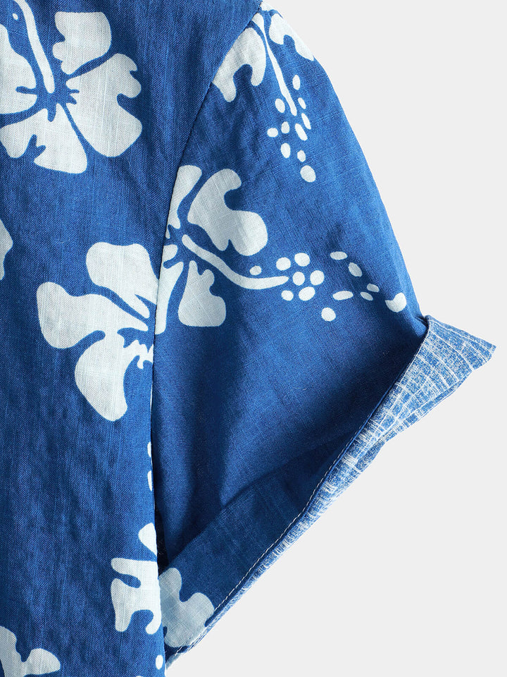 Chemise boutonnée hawaïenne tropicale bleue à manches courtes pour hommes