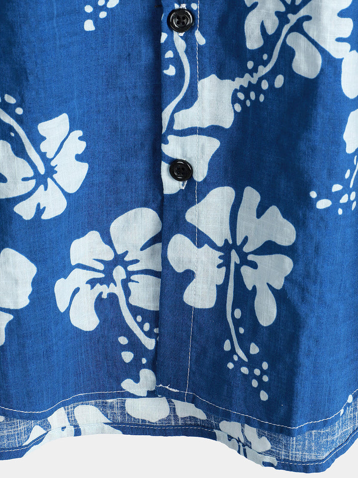 Chemise boutonnée hawaïenne tropicale bleue à manches courtes pour hommes