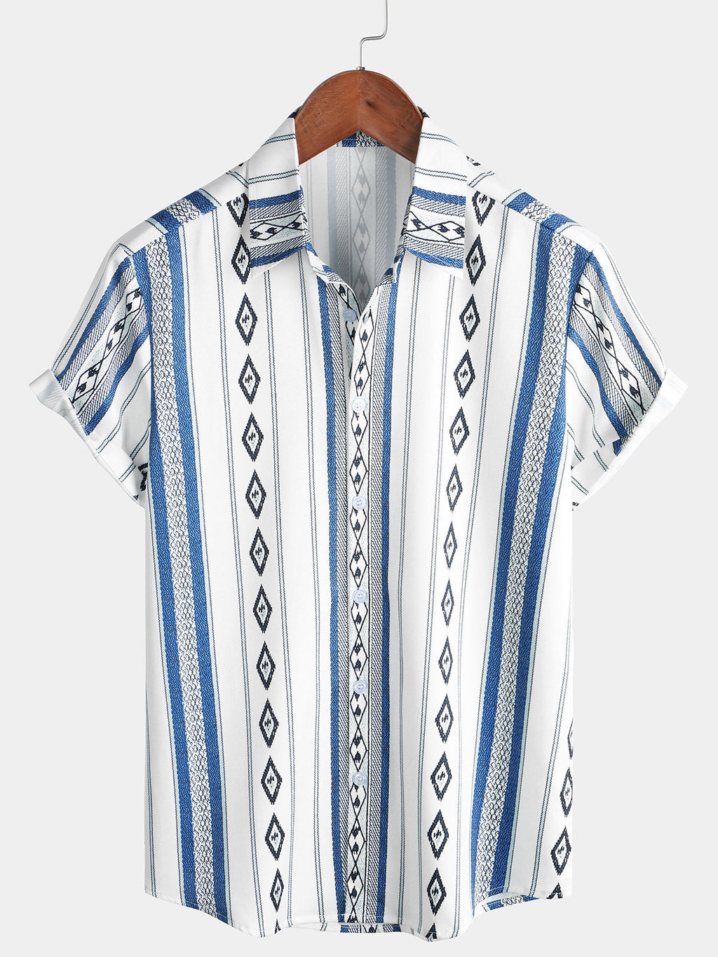 Chemise boutonnée à imprimé aztèque rétro des années 70 à rayures bleues et blanches décontractées pour hommes