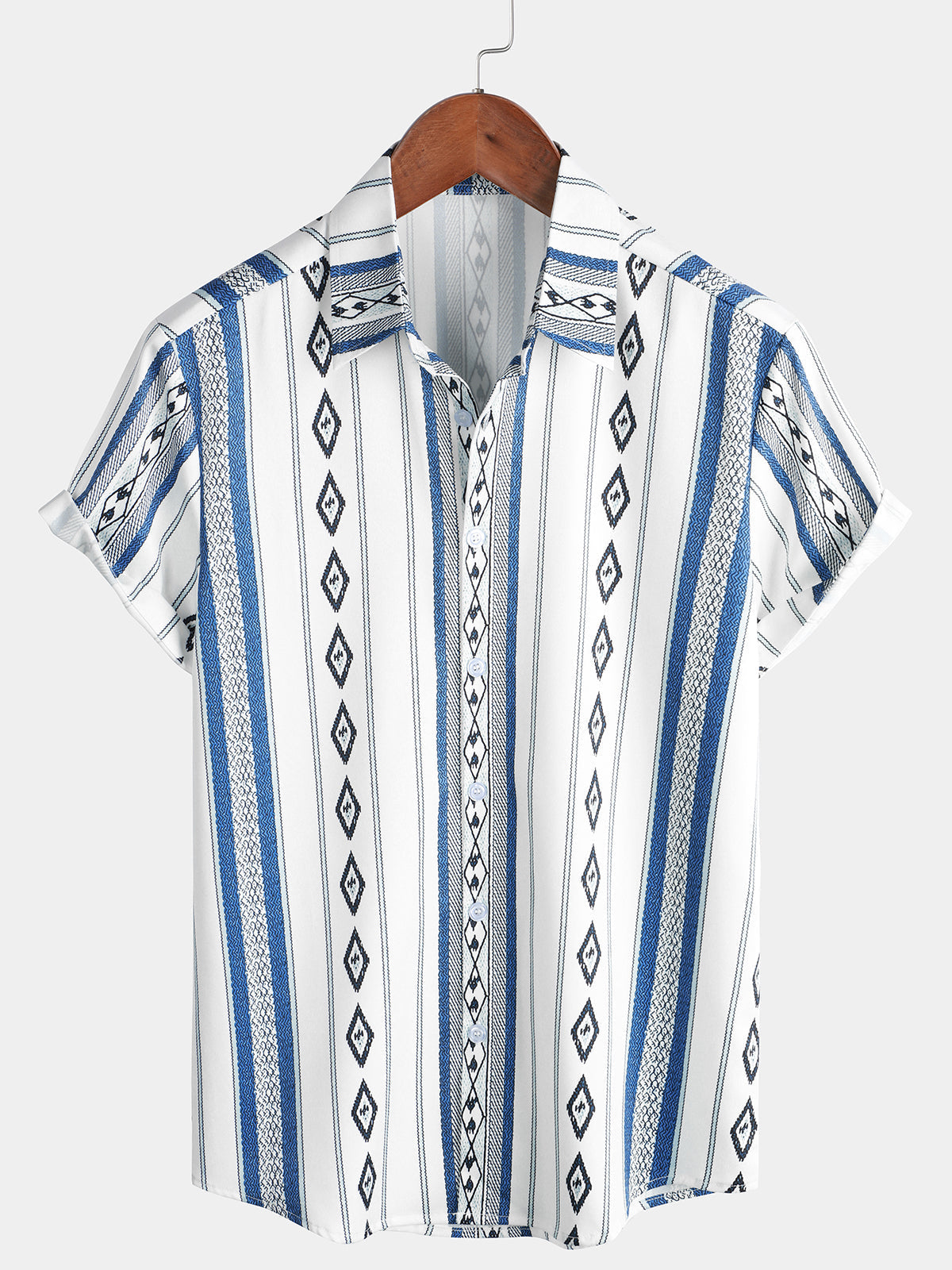 Chemise boutonnée à imprimé aztèque rétro des années 70 à rayures bleues et blanches décontractées pour hommes