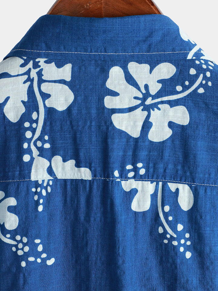 Chemise boutonnée hawaïenne tropicale bleue à manches courtes pour hommes
