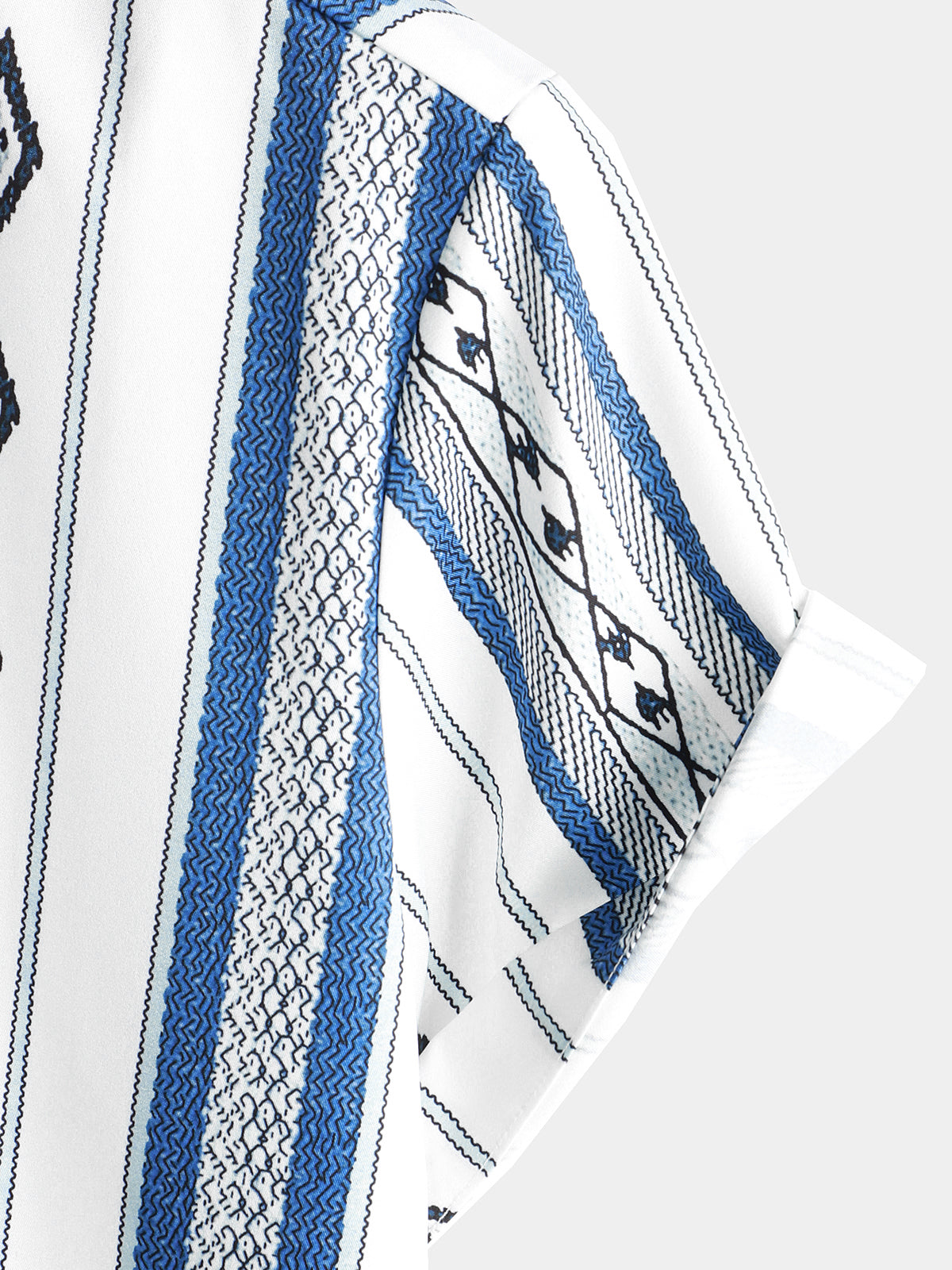 Chemise boutonnée à imprimé aztèque rétro des années 70 à rayures bleues et blanches décontractées pour hommes