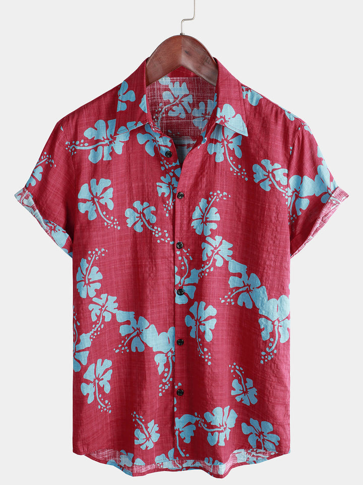 Chemise hawaïenne tropicale à manches courtes pour hommes, boutons floraux rouges, plage