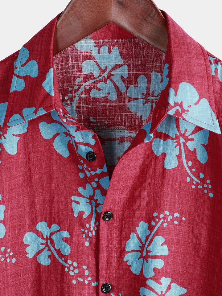 Chemise hawaïenne tropicale à manches courtes pour hommes, boutons floraux rouges, plage