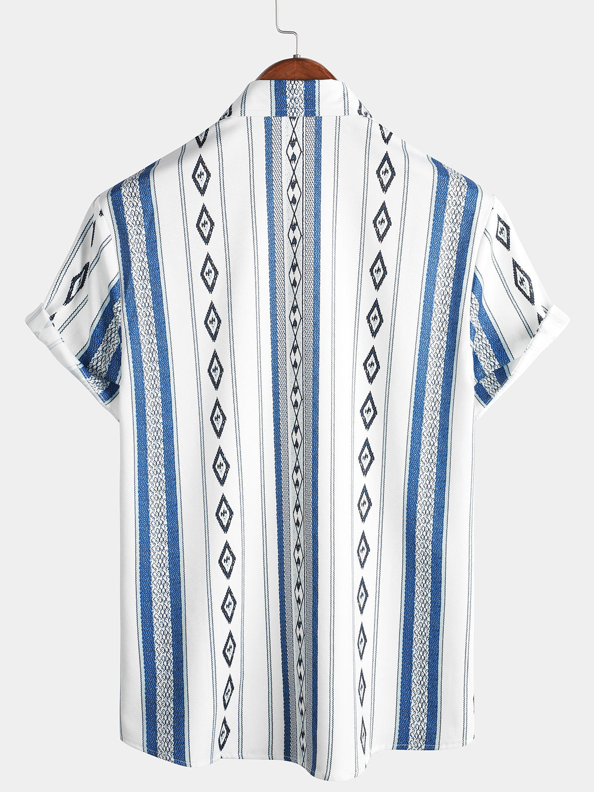 Chemise boutonnée à imprimé aztèque rétro des années 70 à rayures bleues et blanches décontractées pour hommes