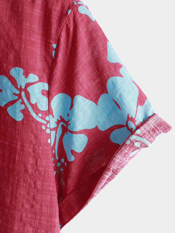 Chemise hawaïenne tropicale à manches courtes pour hommes, boutons floraux rouges, plage
