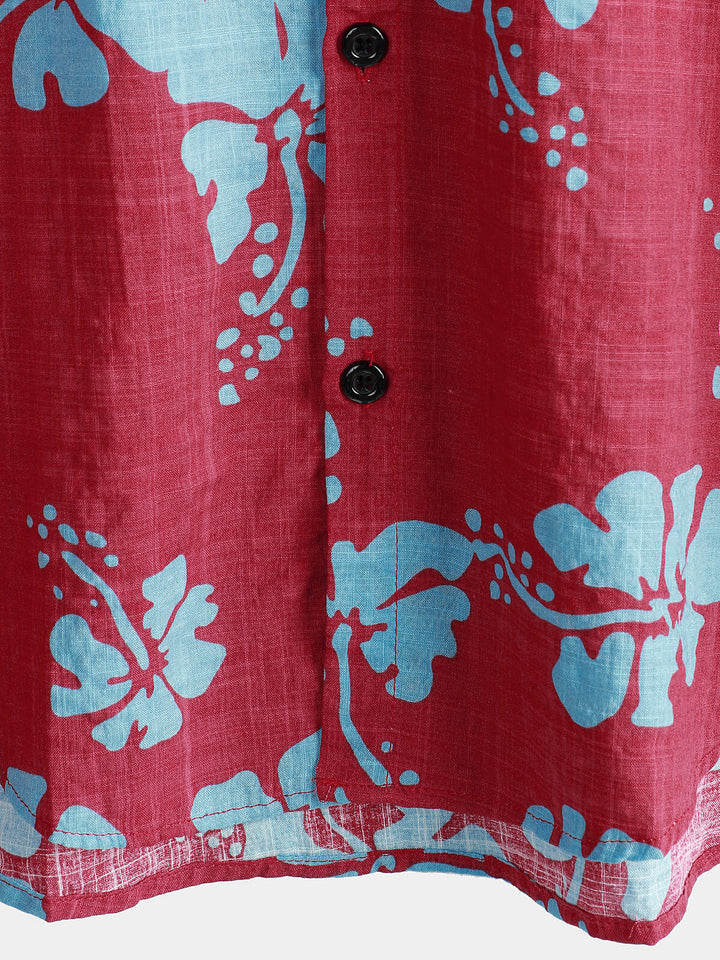 Chemise hawaïenne tropicale à manches courtes pour hommes, boutons floraux rouges, plage