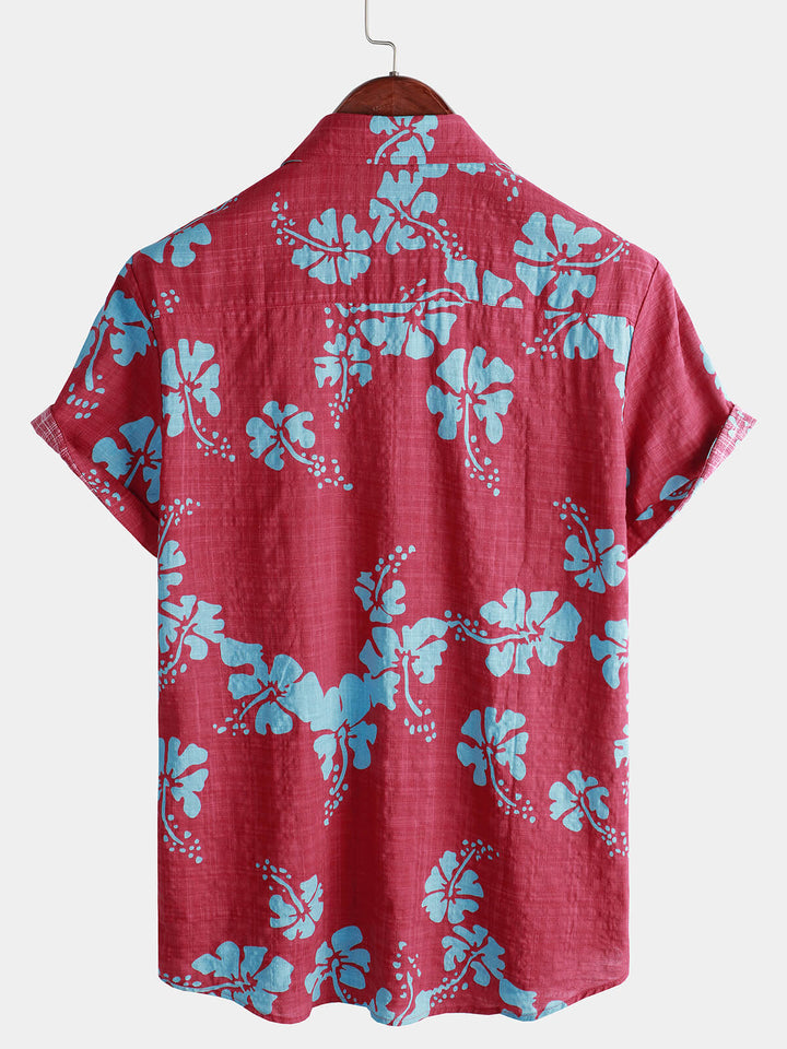 Chemise hawaïenne tropicale à manches courtes pour hommes, boutons floraux rouges, plage