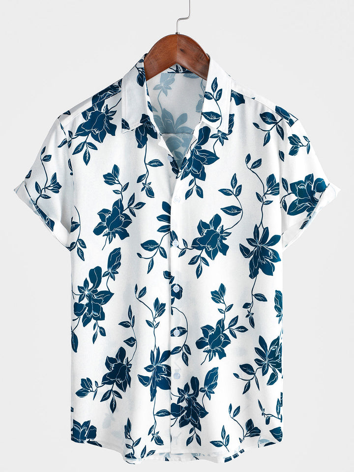 Chemise à manches courtes boutonnée bleue à fleurs pour hommes