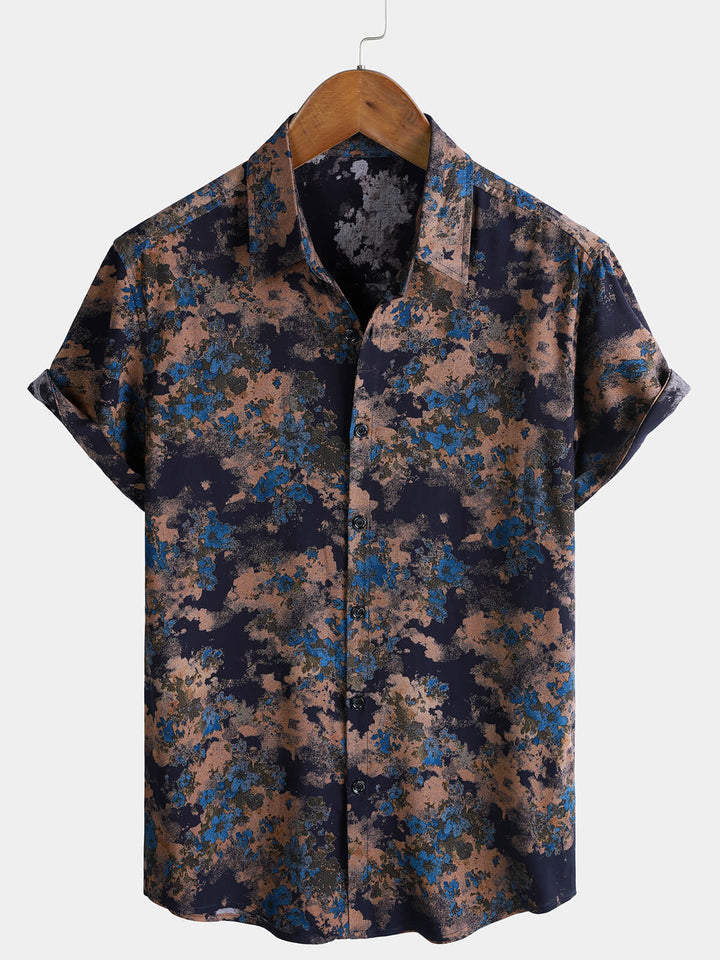 Chemise Homme Rayonne Bleu Marine Imprimé Floral Abstrait Décontractée Manches Courtes