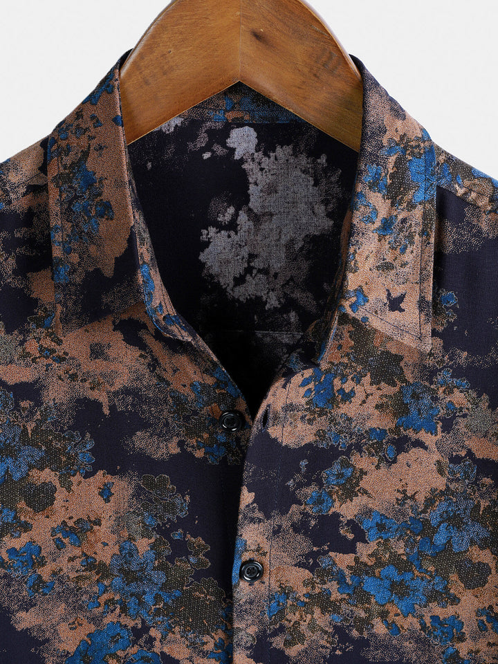 Chemise Homme Rayonne Bleu Marine Imprimé Floral Abstrait Décontractée Manches Courtes