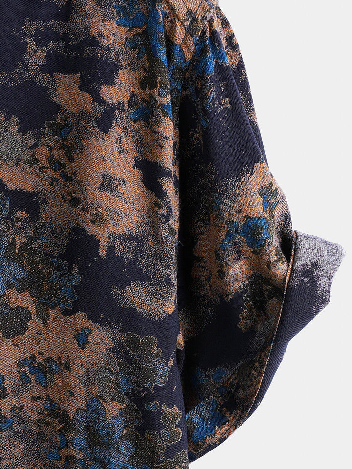 Chemise Homme Rayonne Bleu Marine Imprimé Floral Abstrait Décontractée Manches Courtes