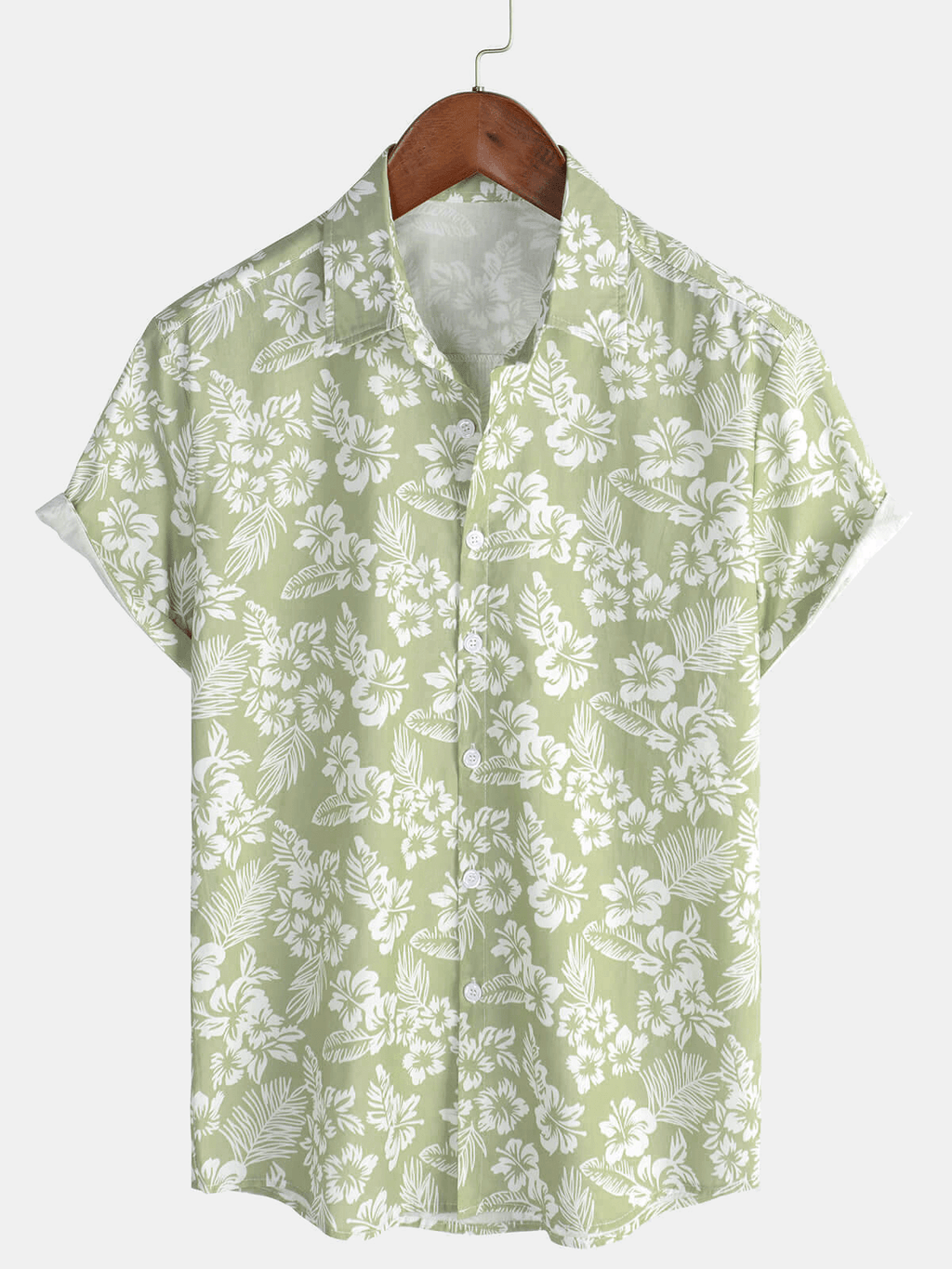 Chemise à manches courtes boutonnée à fleurs d'été en coton vert hawaïen pour hommes