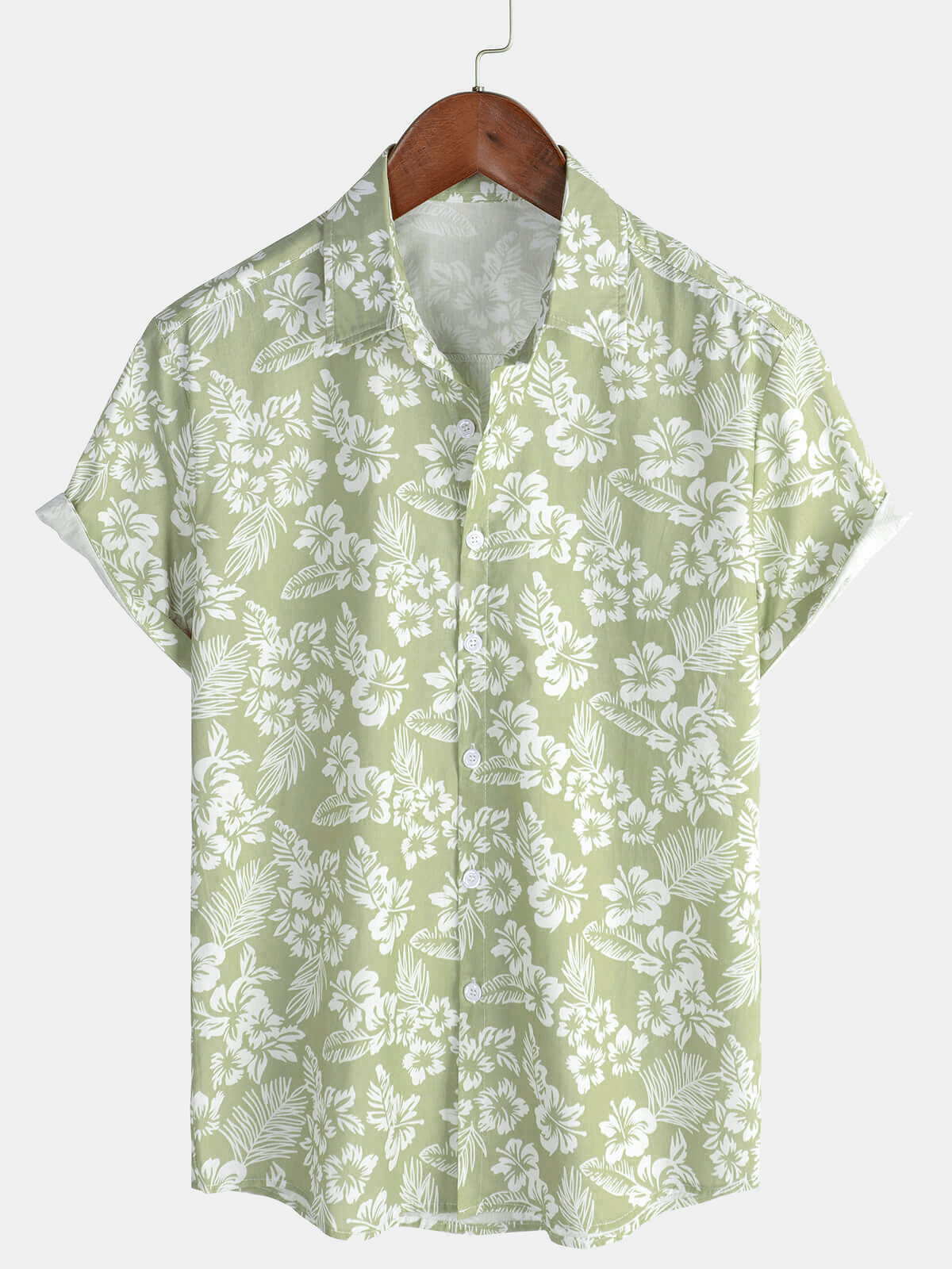 Chemise à manches courtes boutonnée à fleurs d'été en coton vert hawaïen pour hommes