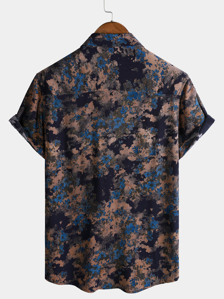 Chemise Homme Rayonne Bleu Marine Imprimé Floral Abstrait Décontractée Manches Courtes