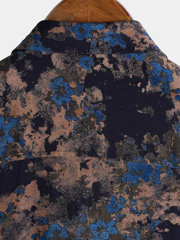 Chemise Homme Rayonne Bleu Marine Imprimé Floral Abstrait Décontractée Manches Courtes