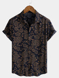 Chemise Homme à Manches Courtes en Rayonne avec Imprimé Paisley Bleu Marine Style Rétro Bohème