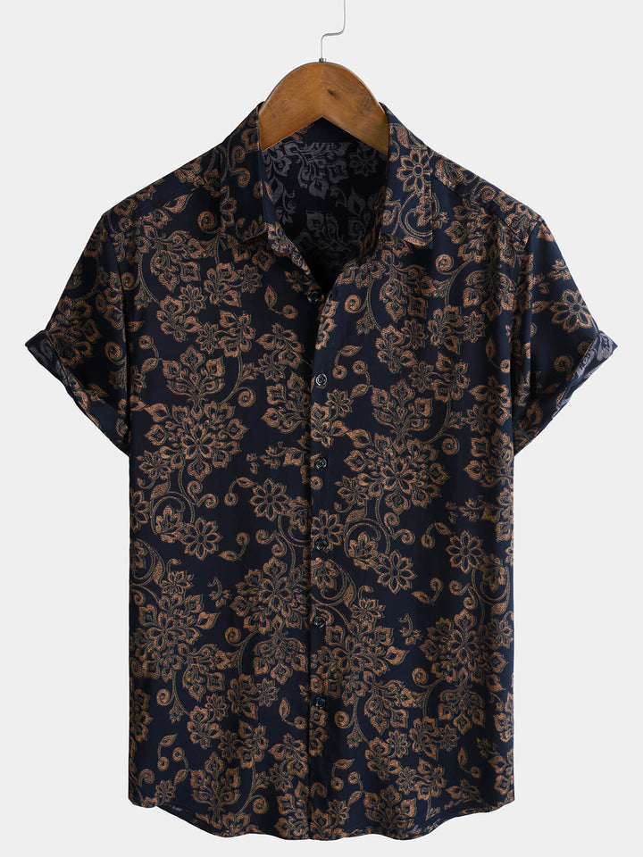 Chemise Homme à Manches Courtes en Rayonne avec Imprimé Paisley Bleu Marine Style Rétro Bohème