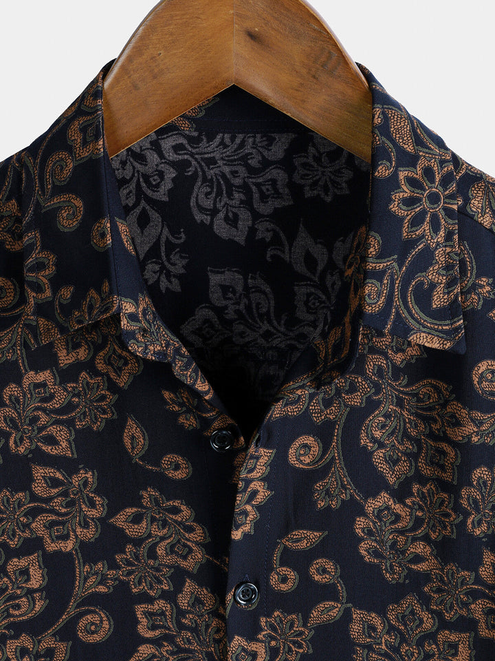 Chemise Homme à Manches Courtes en Rayonne avec Imprimé Paisley Bleu Marine Style Rétro Bohème