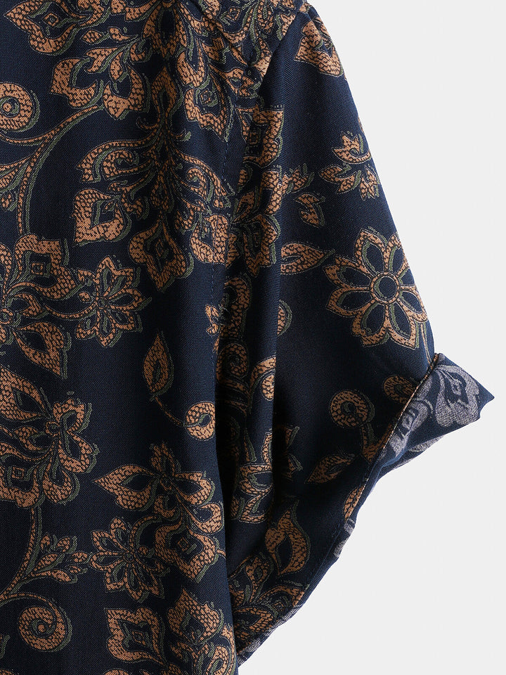 Chemise Homme à Manches Courtes en Rayonne avec Imprimé Paisley Bleu Marine Style Rétro Bohème