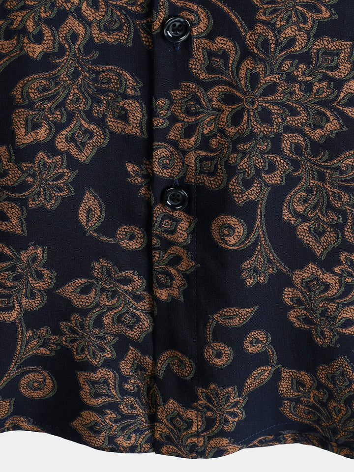 Chemise Homme à Manches Courtes en Rayonne avec Imprimé Paisley Bleu Marine Style Rétro Bohème