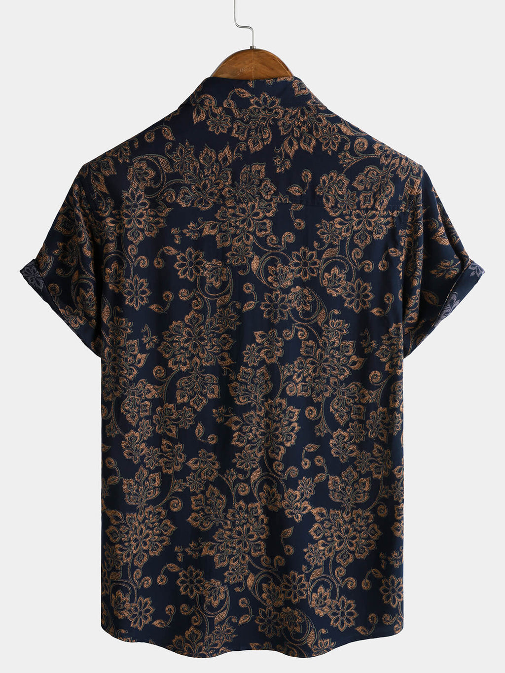 Chemise Homme à Manches Courtes en Rayonne avec Imprimé Paisley Bleu Marine Style Rétro Bohème